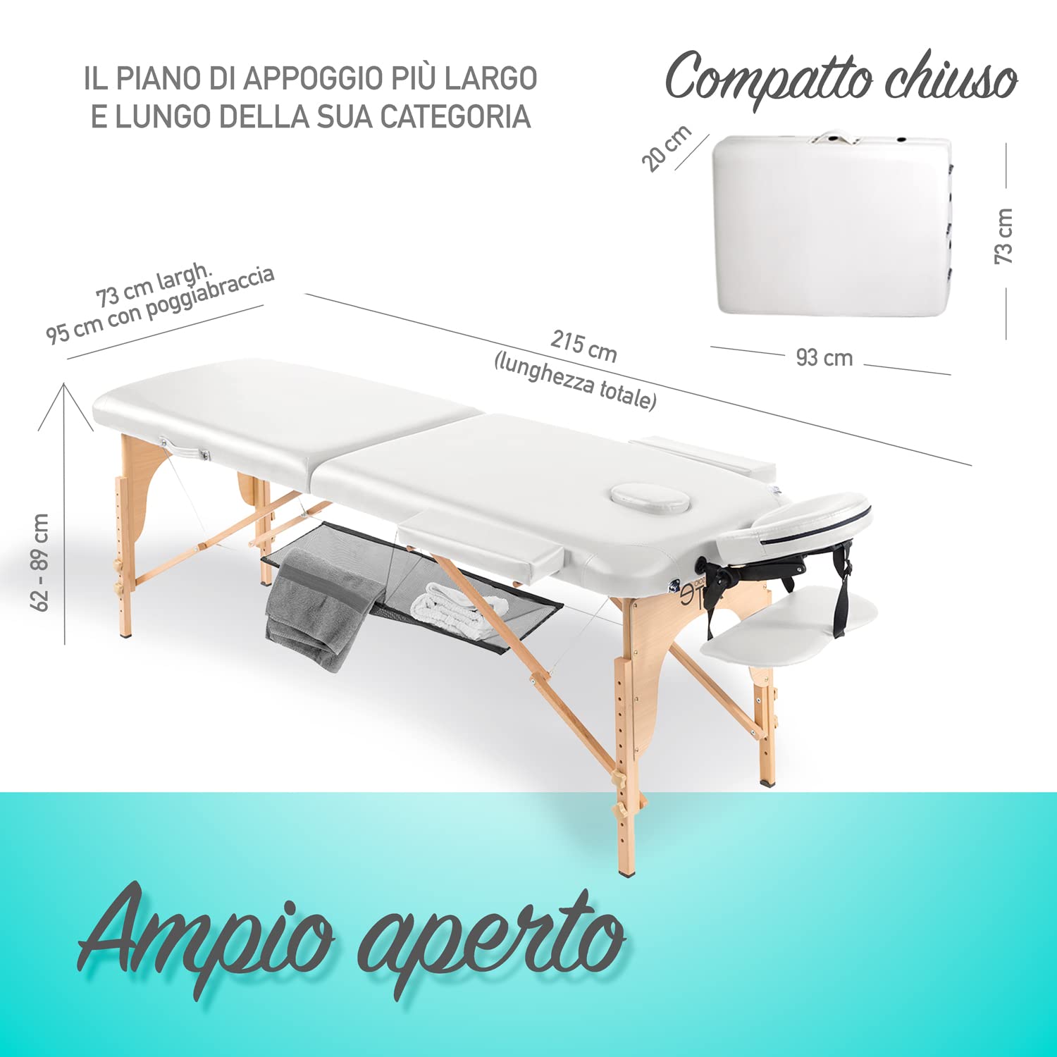 Lettino Massaggio Portatile, in Pelle ‘PU’ ECO di Alta Qualità, XXL 2 Zone, Telaio in Legno, Pieghevole, Cavi in Acciaio Inox, Poggiatesta, Braccioli, Rete, Borsa Trasporto e Timer Omaggio (BIANCO)