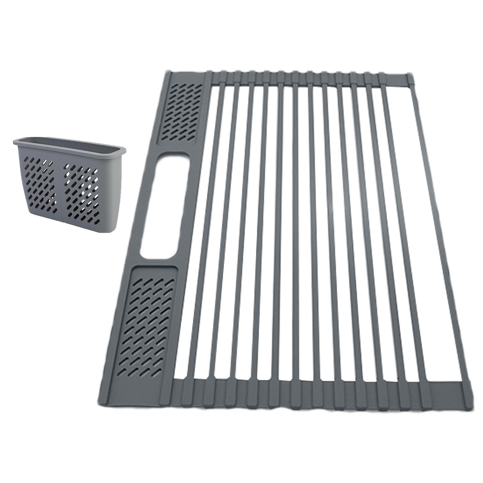Tappetino scolapiatti pieghevole per lavello – 42 x 30,5 cm in acciaio | rivestito in silicone, pieghevole, griglia sgocciolabile sopra il , portaoggetti compatto sul piano di lavoro della