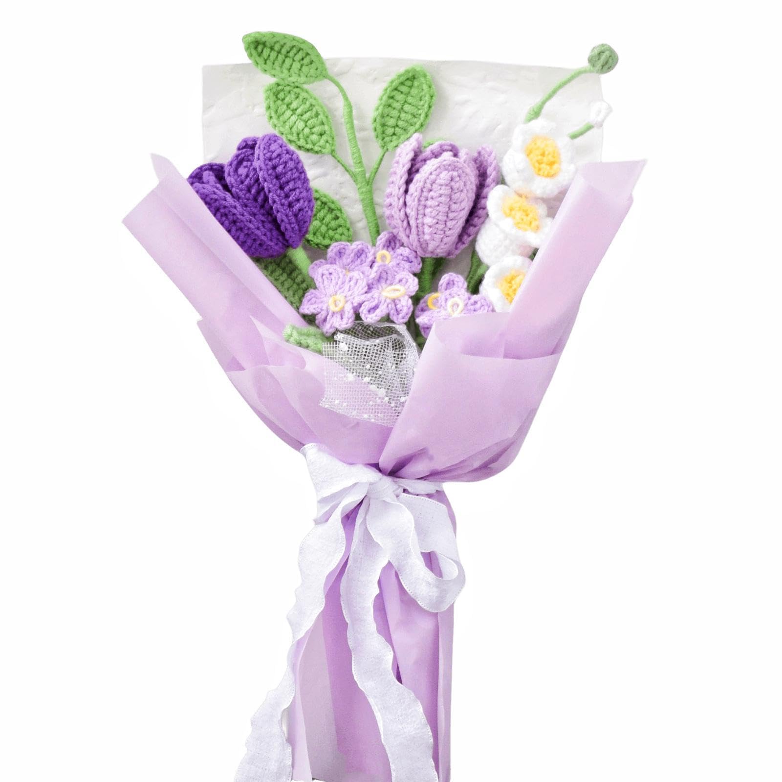 Aiouclay Tulips Crochet Flower Bouquet,Completed Knitted Flowers with Finished Exquisite Wrap,Crochet Tulip Flower Bouquet,Artificial Flowers Bouquet Gift for Wife Girlfriend Women Home Office Decor