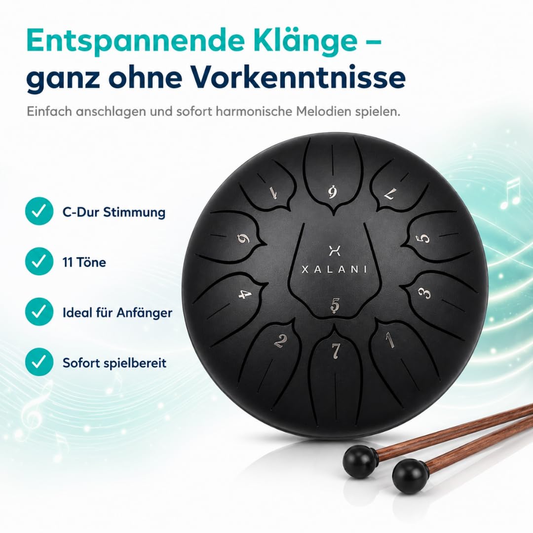 Pure Harmony - Tambour à langue en acier sonore (6", 11 tons, Do majeur) - Avec livret pour débutant pour jouer immédiatement