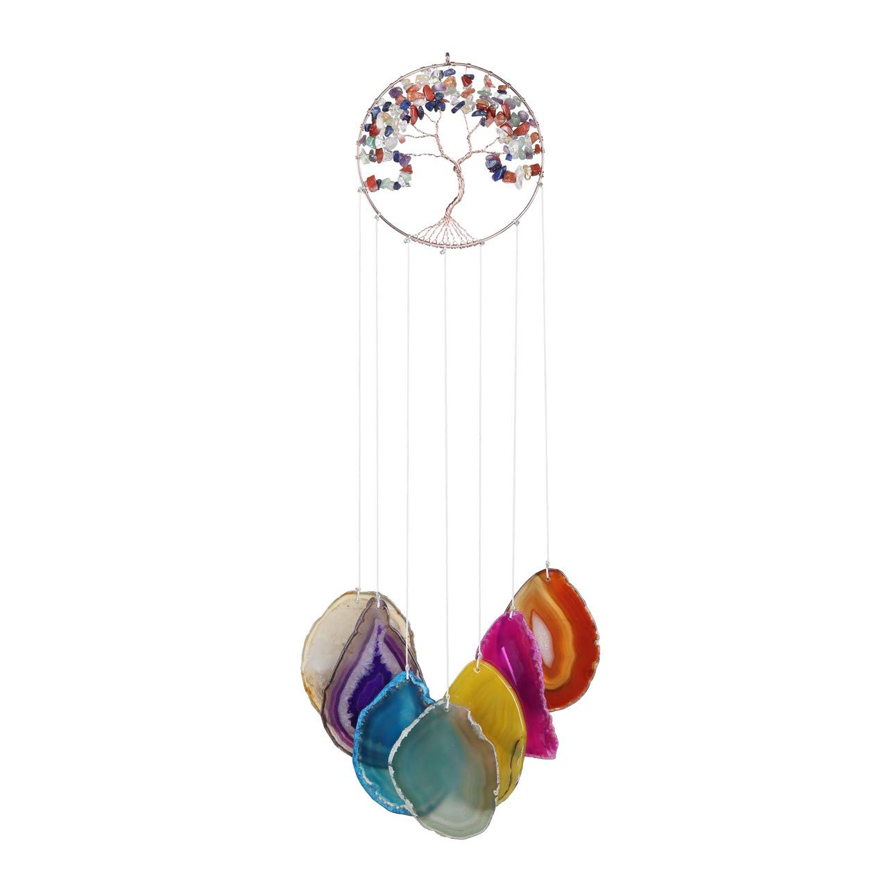 Lpraer Mangsen Tree of Life Agate Slices Wind Chimes 7 Chakra Reiki Healing Stone Colorful Handmade Wall Hanging Ornament for Outdoor Indoor Home Decor