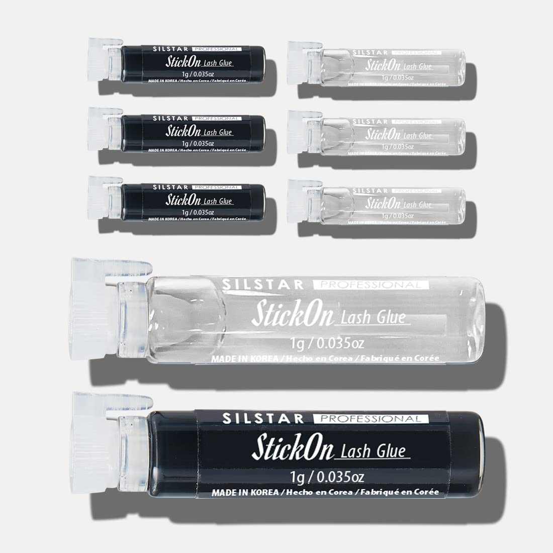 SILSTAR PROFESSIONALStrip LASH Glue Stick-ON in a Bottle with a Stick 0.07oz(1g) x 8pcs - Black N Clear Assorted Half and Half/Latex Free/Strong Hold for Individual Eyelashes