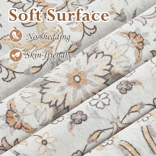 Tortania Area Rug Living Room Rugs - 9x12 Washable Boho Rug Vintage Oriental Distressed Farmhouse Large Thin Indoor Carpet for Living Room Bedroom Under Dining Table Home Office - Floral Beige