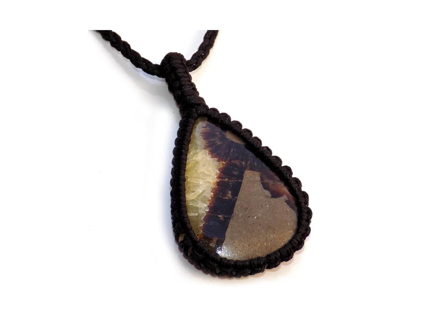 Tiger Eye, Moss Agate, Septarian & Brown Jasper Macrame Pendant Boho Necklace Jewelry