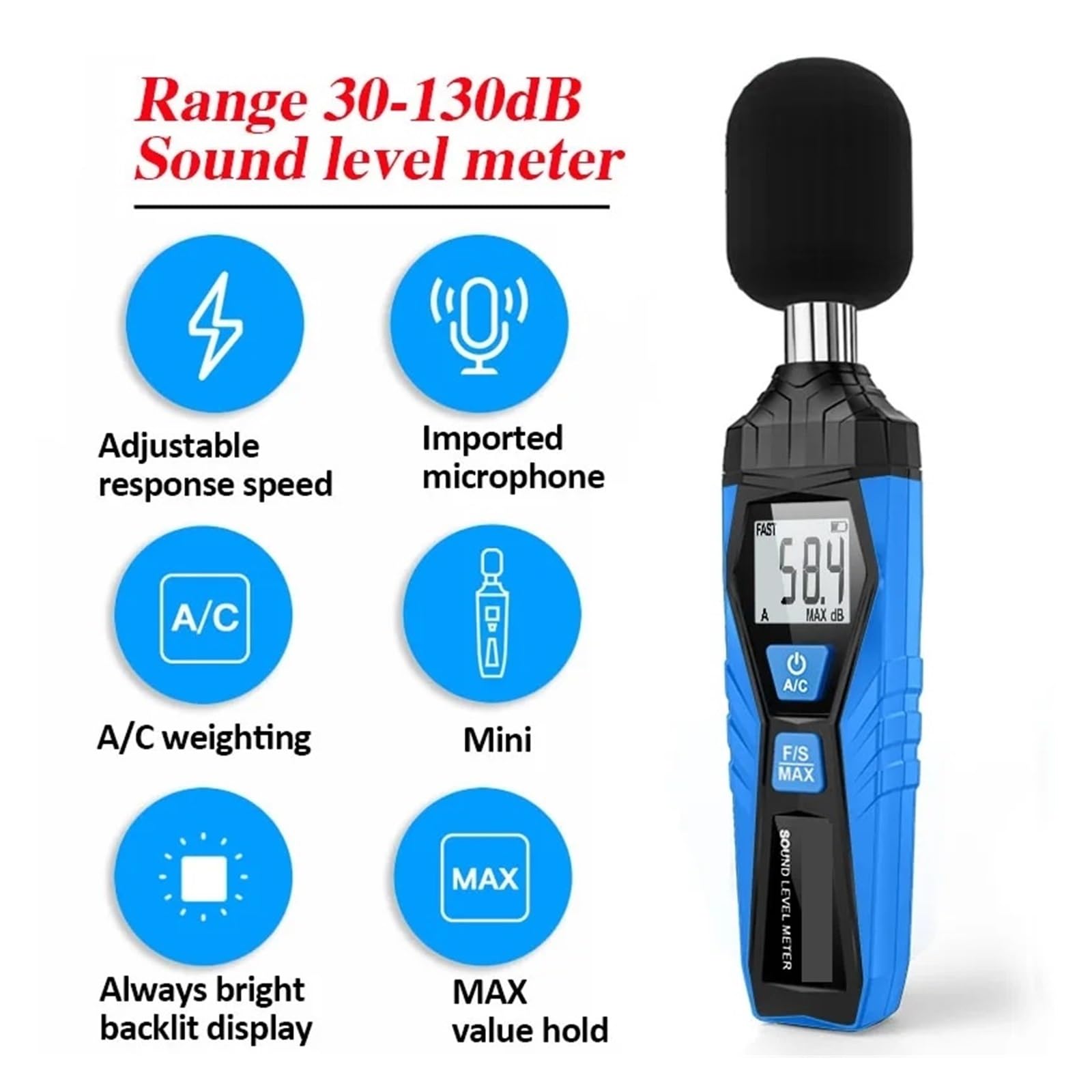 Misuratore Di Livello Sonoro Digitale Strumento Misura DB Sonometro Monitor Portatile Decibel Rumore 30-130 Precisione Estremamente Elevata