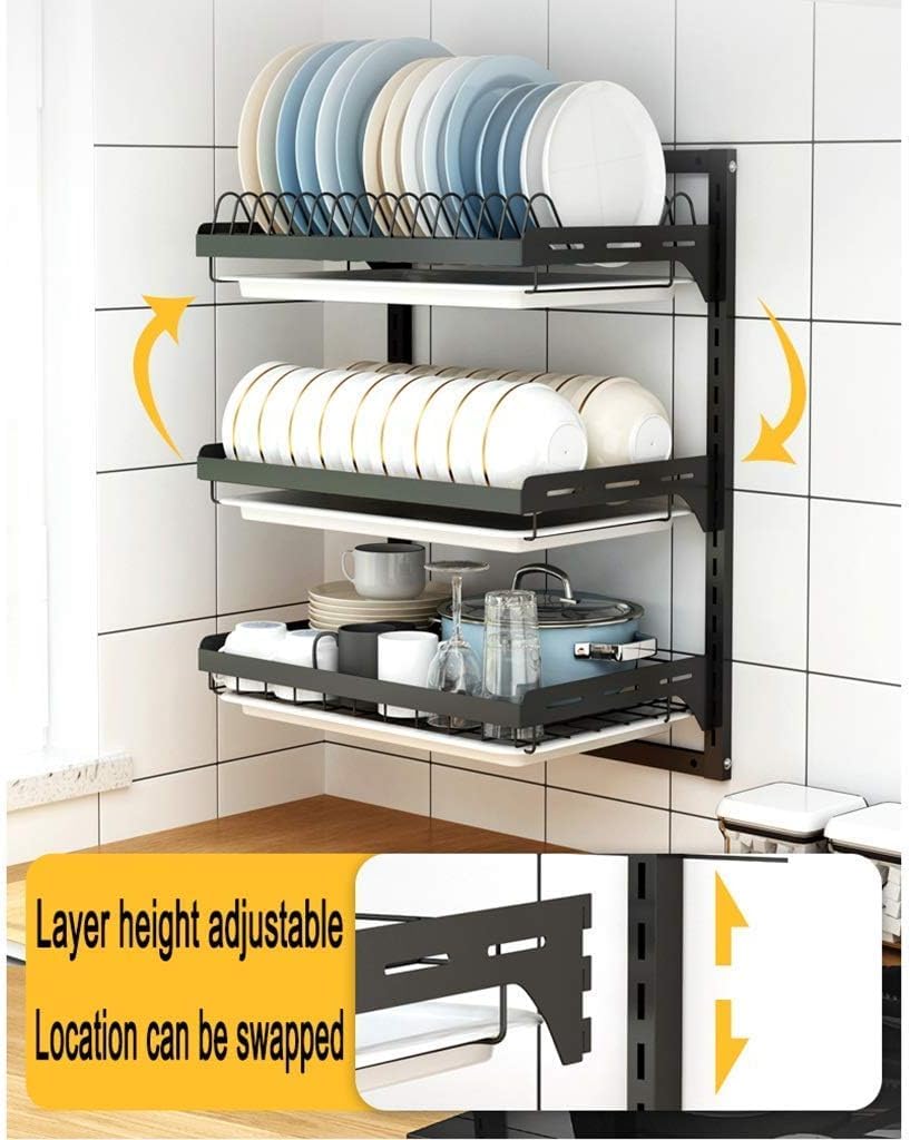 Escurridor de platos de acero inoxidable de 3 niveles, estante de almacenamiento de cocina, estante de drenaje montado en la pared para cubiertos, organización que ahorra espacio