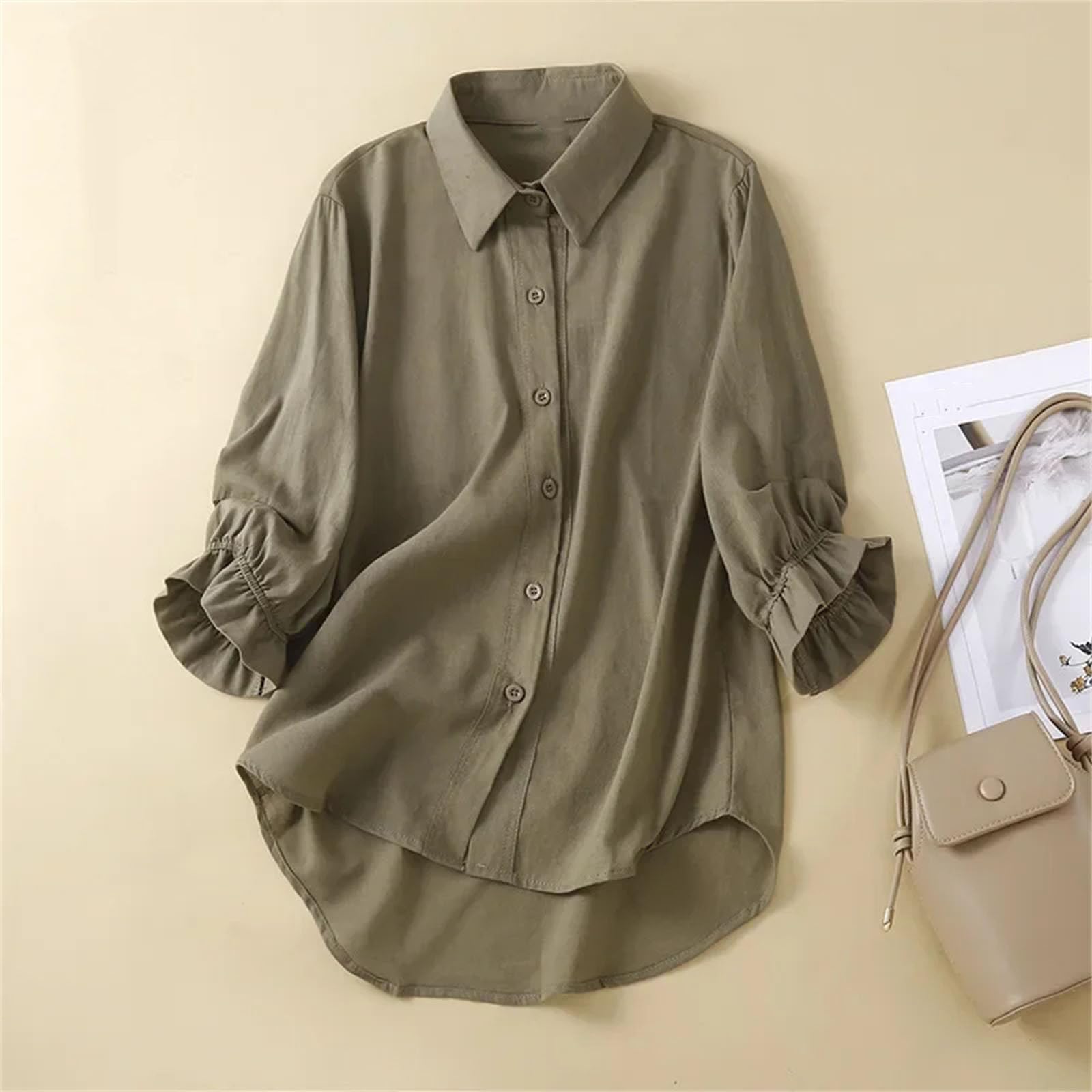 Camisa casual de manga larga para mujer, talla grande, estilo de algodón y lino, de un solo botonadura