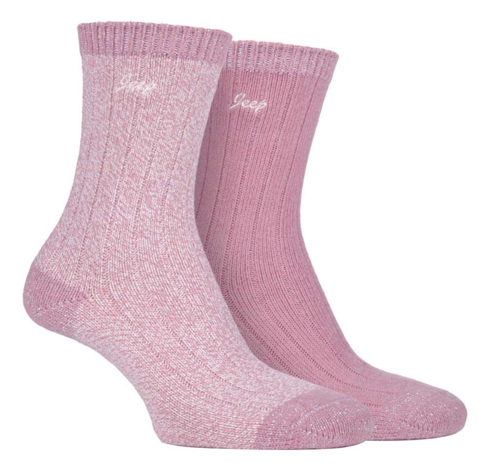 Jeep - 2 Pairs Ladies Supersoft Cute Warm Ribbed Thick Hiking Boot Socks (4-8, Rose/Cream)