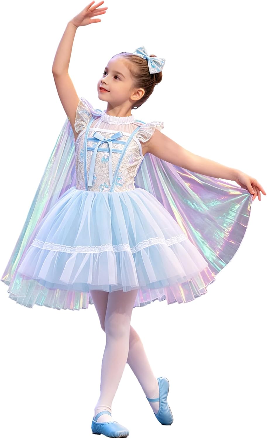 Girls Sequin Ballet Tutu Dress Flutter Sleeve Princess Ballerina Dance Dress with Cloak and Headwear for Recital