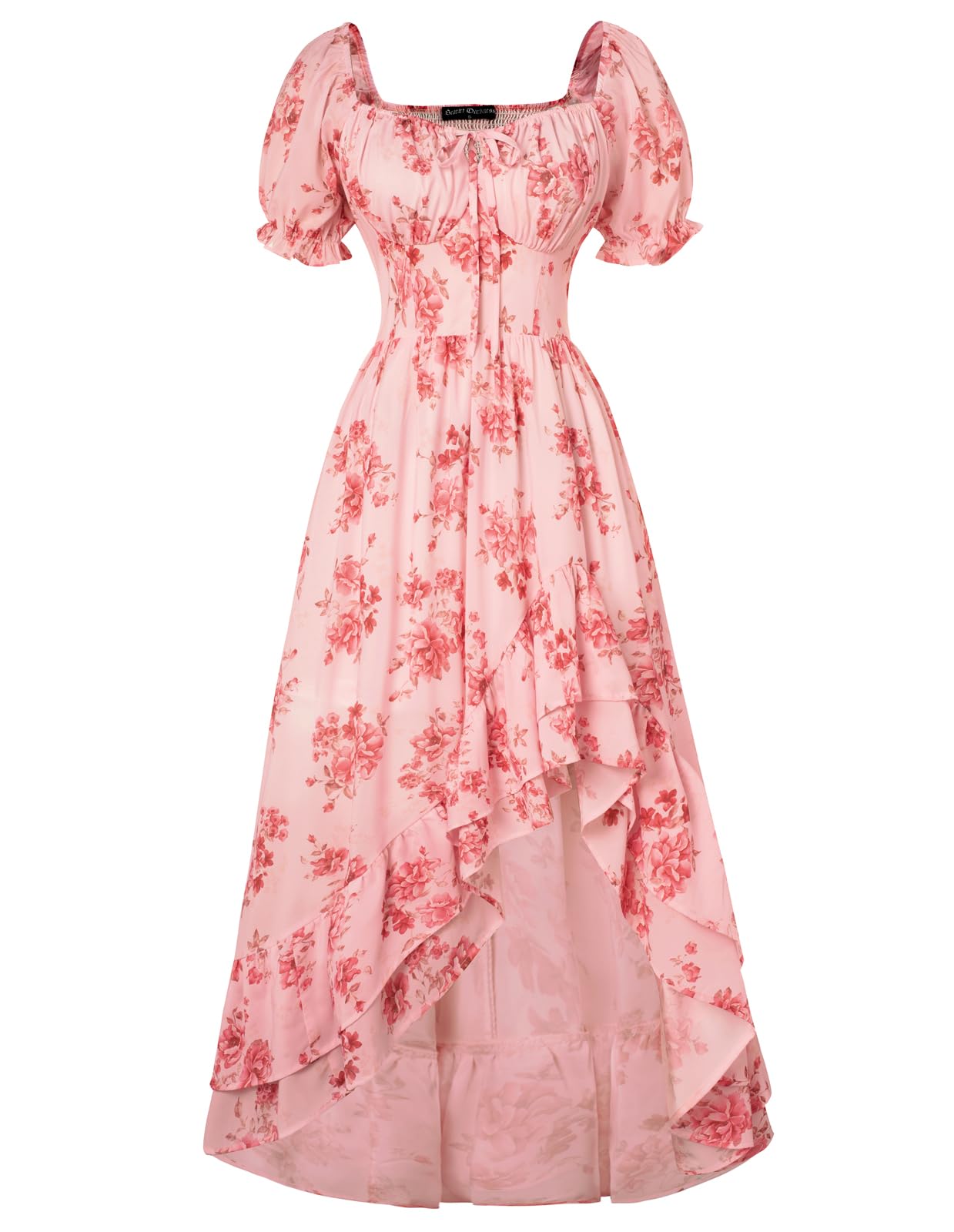 Damen Vintage Blumenkleider Rüschen Saum Puffärmel A-Linie Midi Casual Corsagenkleid Rosa Rot XL