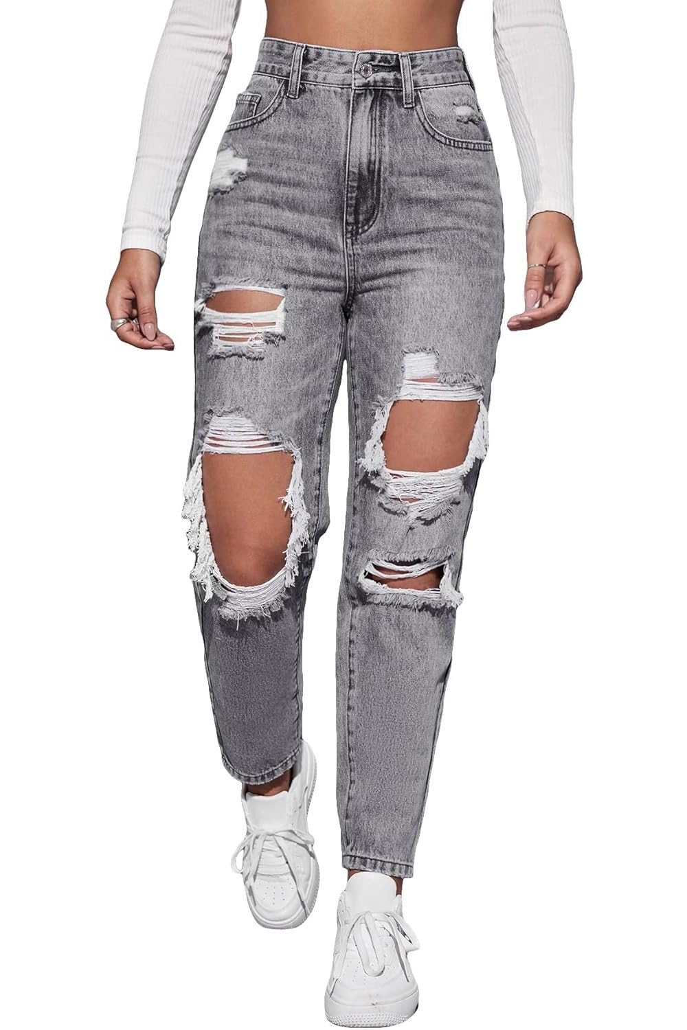 Women's High Waist Straight Leg Ripped Jeans Distressed Denim Pants