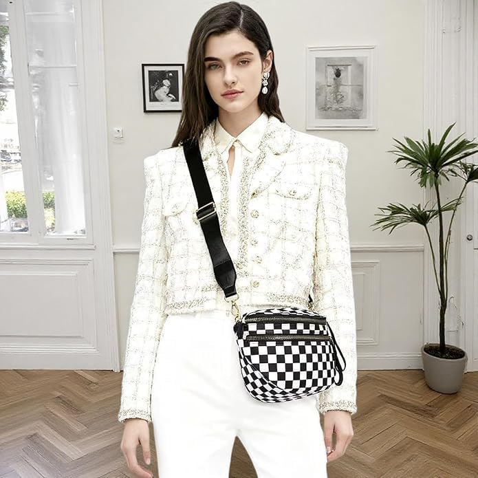 Image of Checkered Crossbody Bum Bags for Women, Nylon Sling Bags with Shoulder Strap, Large Capacity Checkered Purse Bag