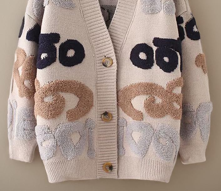 TIAFORD Womens Knitted Letter Cardigan Button Down V Neck Casual Loose Long Sleeve Jacket Women Open Knit Sweater4