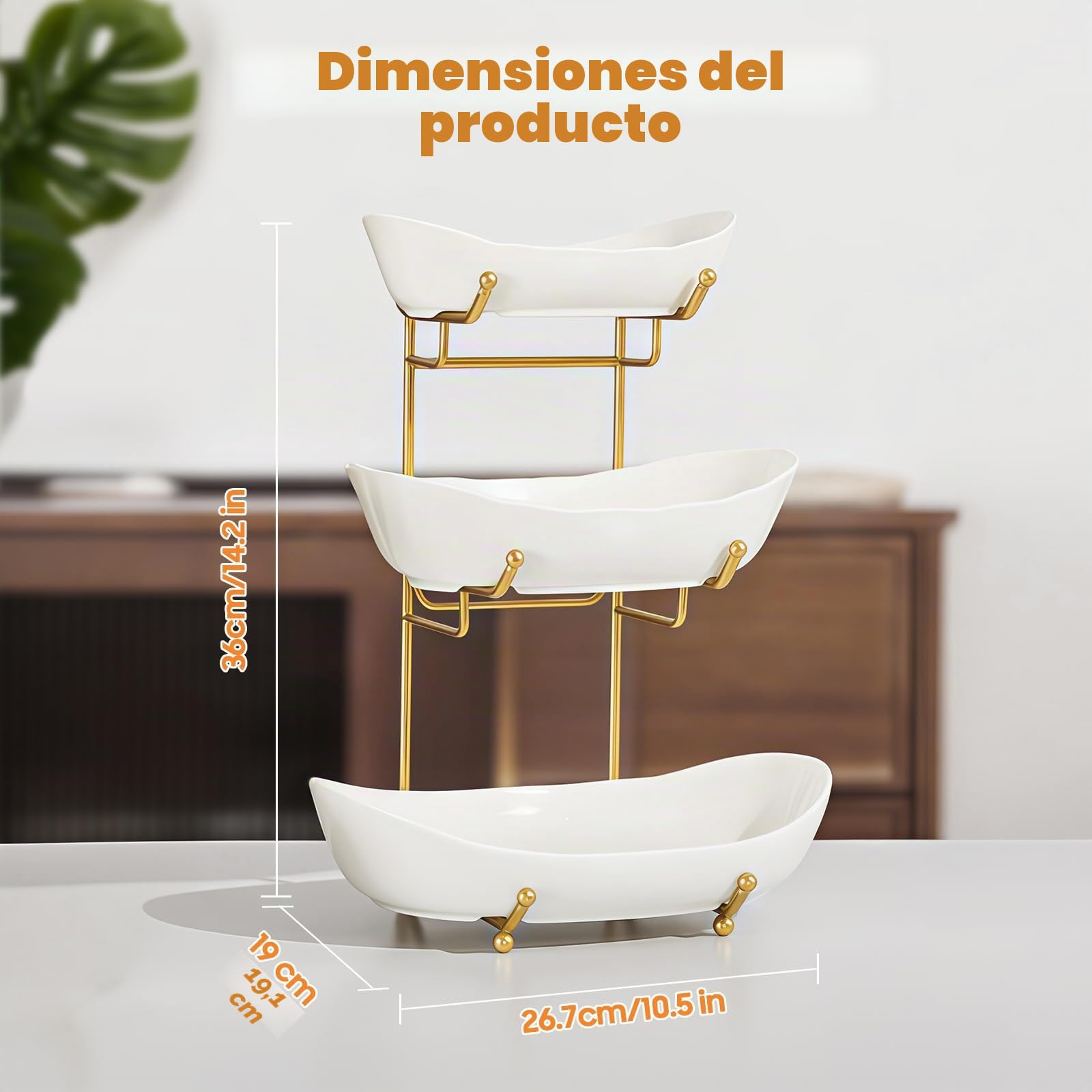 Frutero de cerámica para encimera de cocina, cesta de frutas de 3 niveles con soporte de metal, soporte de frutas escalonado para encimera, aperitivos, nueces, pasteles, postres, lindo (dorado