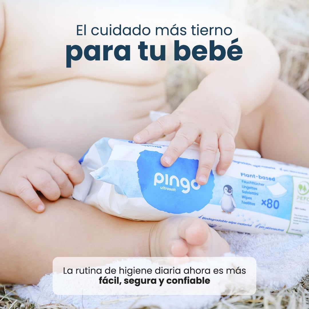 Pingo Toallitas Húmedas para Bebé, 99% Agua, Sin Perfume, Hipoalergénicas y Suaves, 960 Toallitas (12 Packs de 80) - Cuida y Protege la Piel Delicada