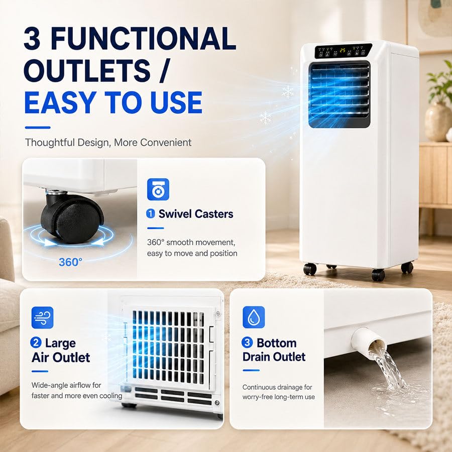 Climatizzatore Portatile Silenzioso e Smart per Camera da Letto e Ufficio 7000BTU | Modalità Raffreddamento, Deumidificazione e Sonno con Telecomando, Timer 12 Ore e Oscillazione 120° per Camera e Ufficio