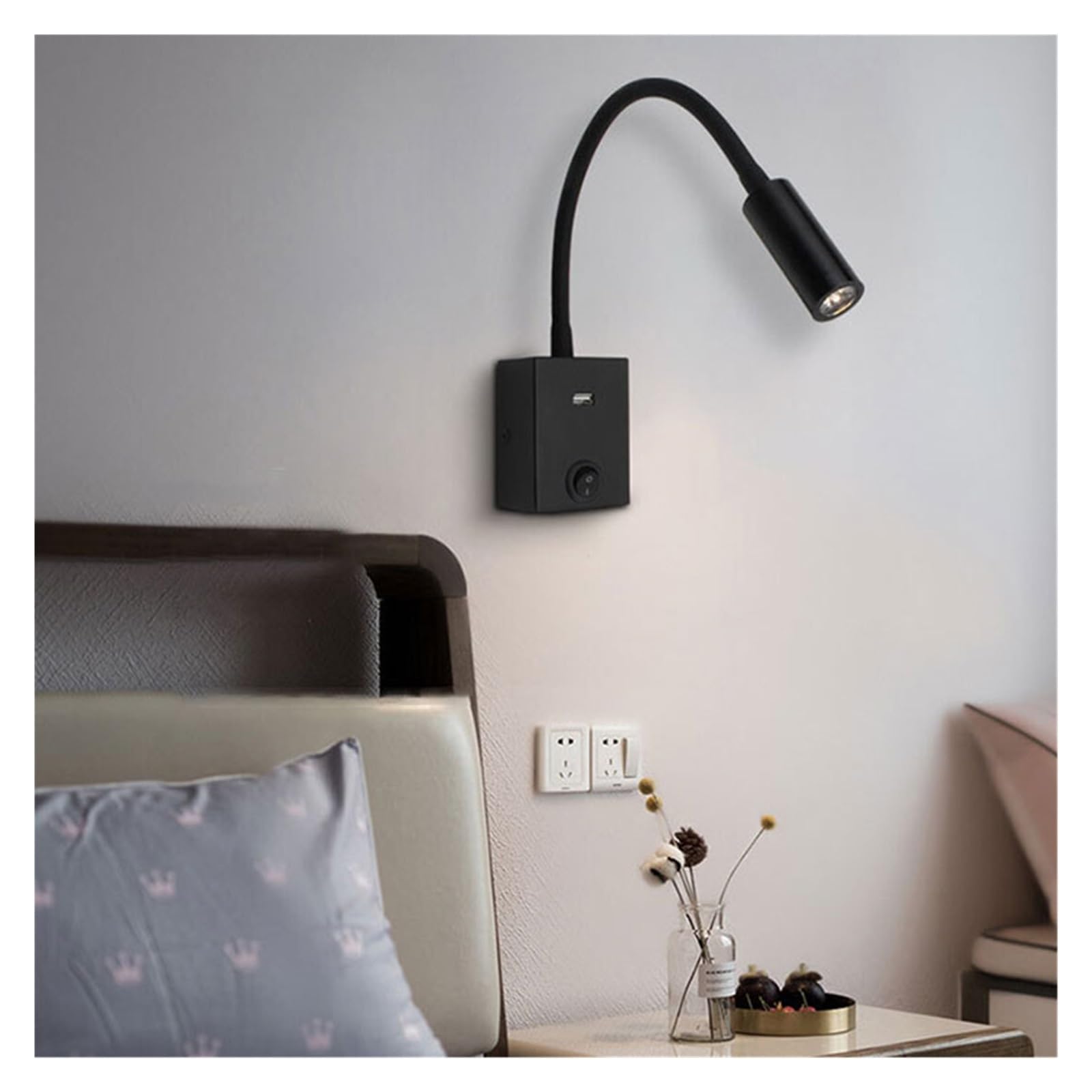 Czarny 3000K 4000K 6000K ścienna lampka do czytania na gęsiej szyi Port USB wyjście lampka do czytania z przełącznikiem do czytania w łóżku(4000K)