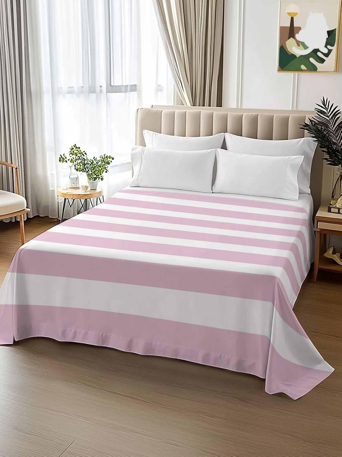 Top Sheet Full Bedding Flat Sheet Only, Modern Striped Lines Microfiber Bed Sheets Soft Breathable Bedding Flat Sheets, Pink and White Hotel Luxury Top Sheets