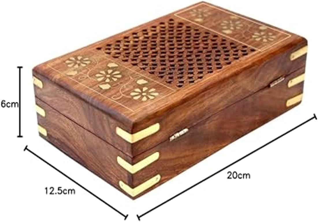 Wooden Jewelry Organizer with Brass Inlay - Exquisitely Carved Box for Womens Gifts - Elegant Storage Solution for Rings, Necklaces, Earrings, and Bracelets (8 x 5 Inch)