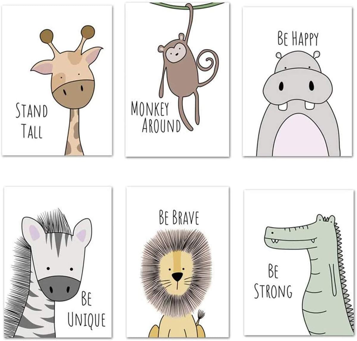 6 Pack Safari Animals Nursery Decoration Pictures - Boy Girl Poster for Baby Room - Forest and Africa Animals Wall Art (No Frame, Giraffes, Monkey, Hippos, Zebras, Lions, Crocodile)