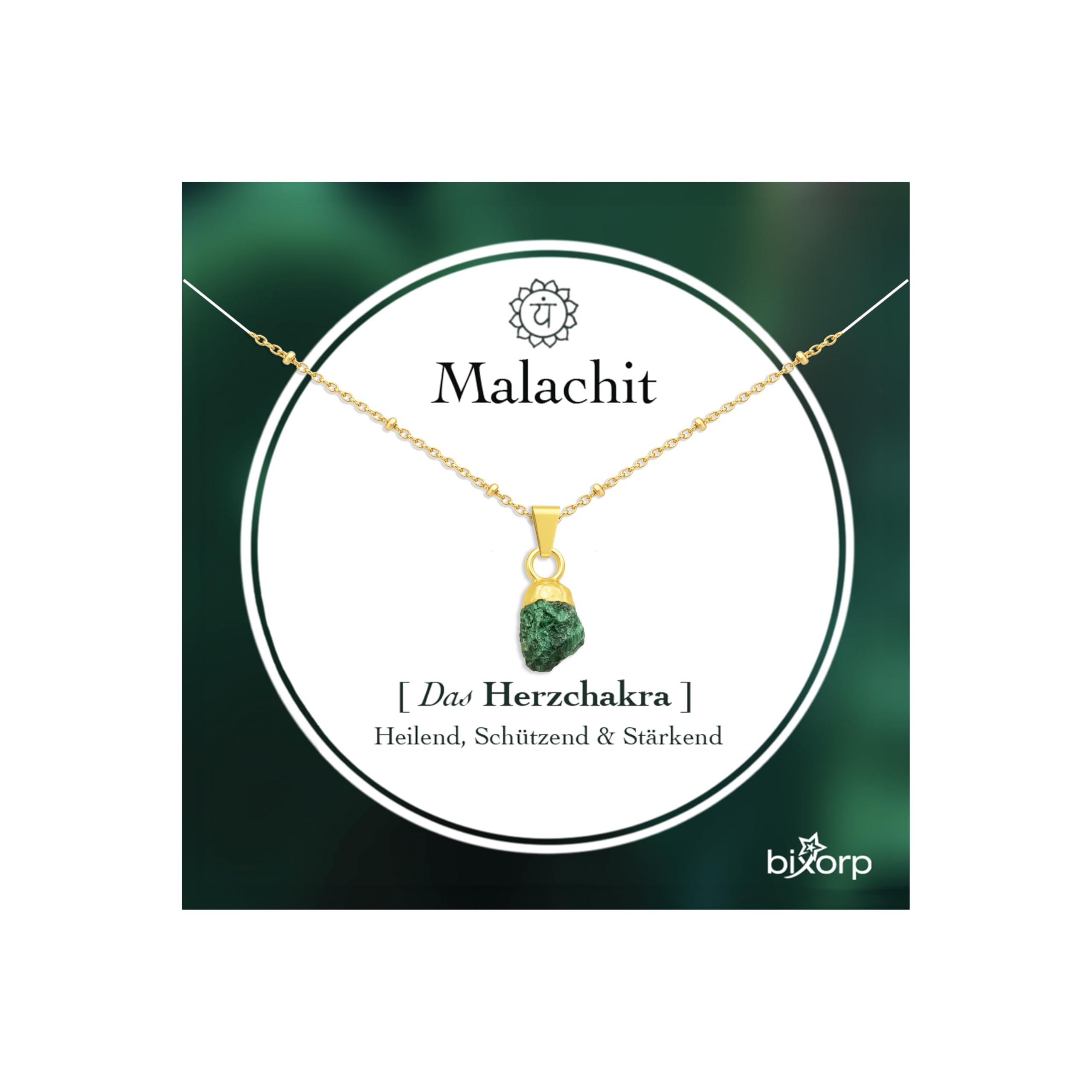 Bixorp Malachit Edelstein Kette Damen - Rohstein Halskette - Chakra Schmuck aus Edelstahl mit 18K Goldplattierung - 36 cm + 8 cm verstellbar