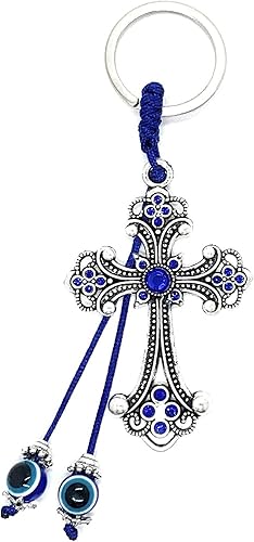 LUCKBOOSTIUM Llavero de cruz con borla de mal de ojo, signo de buena suerte y bendición, bonito dije de moda para llaves del hogar, oficina, bolsa,