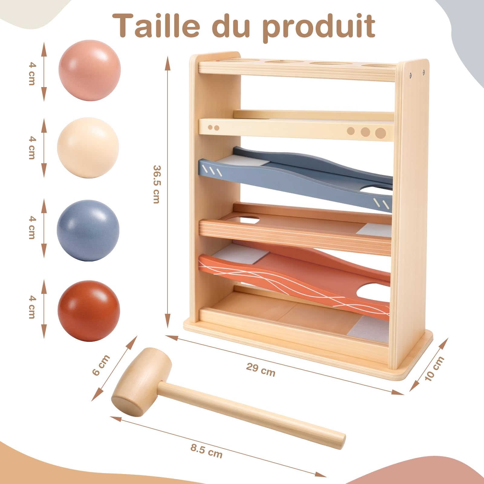 Vanplay Circuit de Billes en Bois Jouet dès 1 an, Jeu de Marteau avec 4 Boules et Un Marteau en Bois, Jouet Montessori dès 1 an, sans Installation, Cadeau pour garçons et Filles 1, 2, 3, 4 Ans