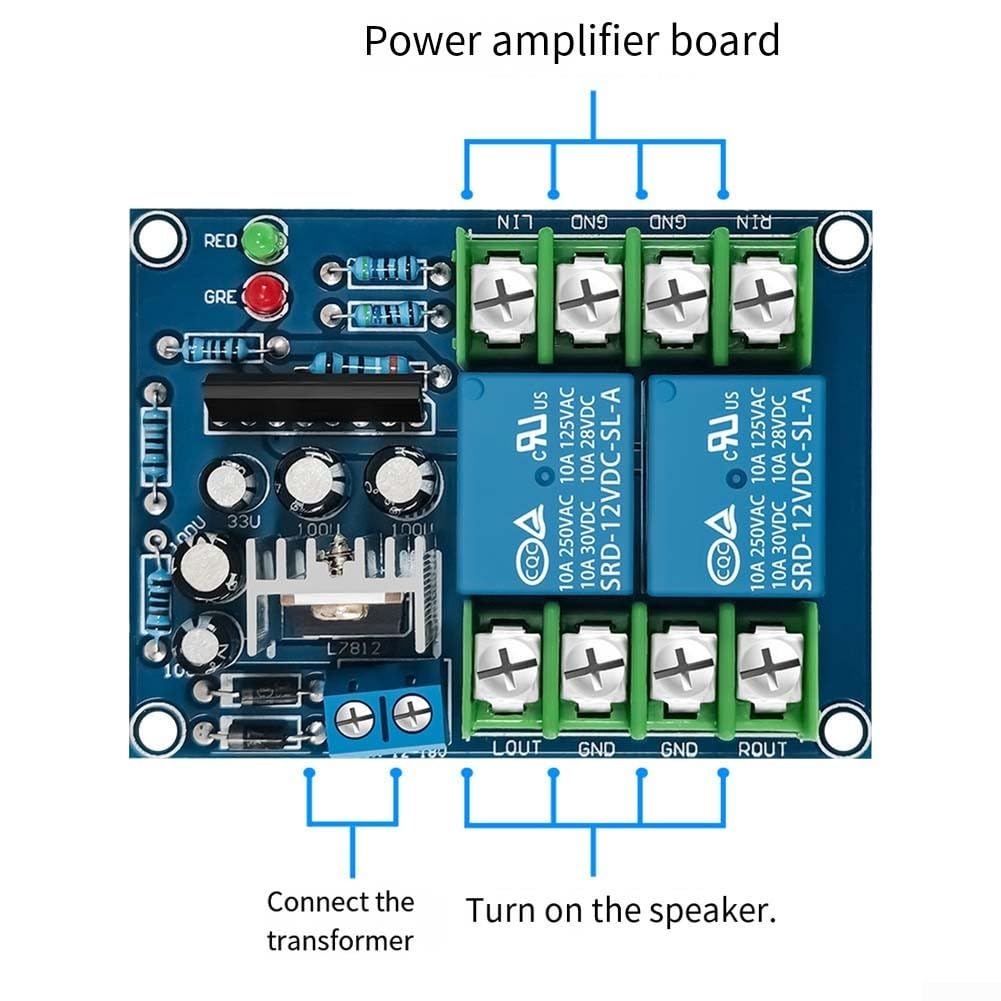 Circuito di protezione per altoparlanti a doppio canale da 10 A con ritardo di accensione di 3 secondi, indicatore blu e regolatore di tensione, per amplificatori audio e sistemi Hi-Fi fai da te