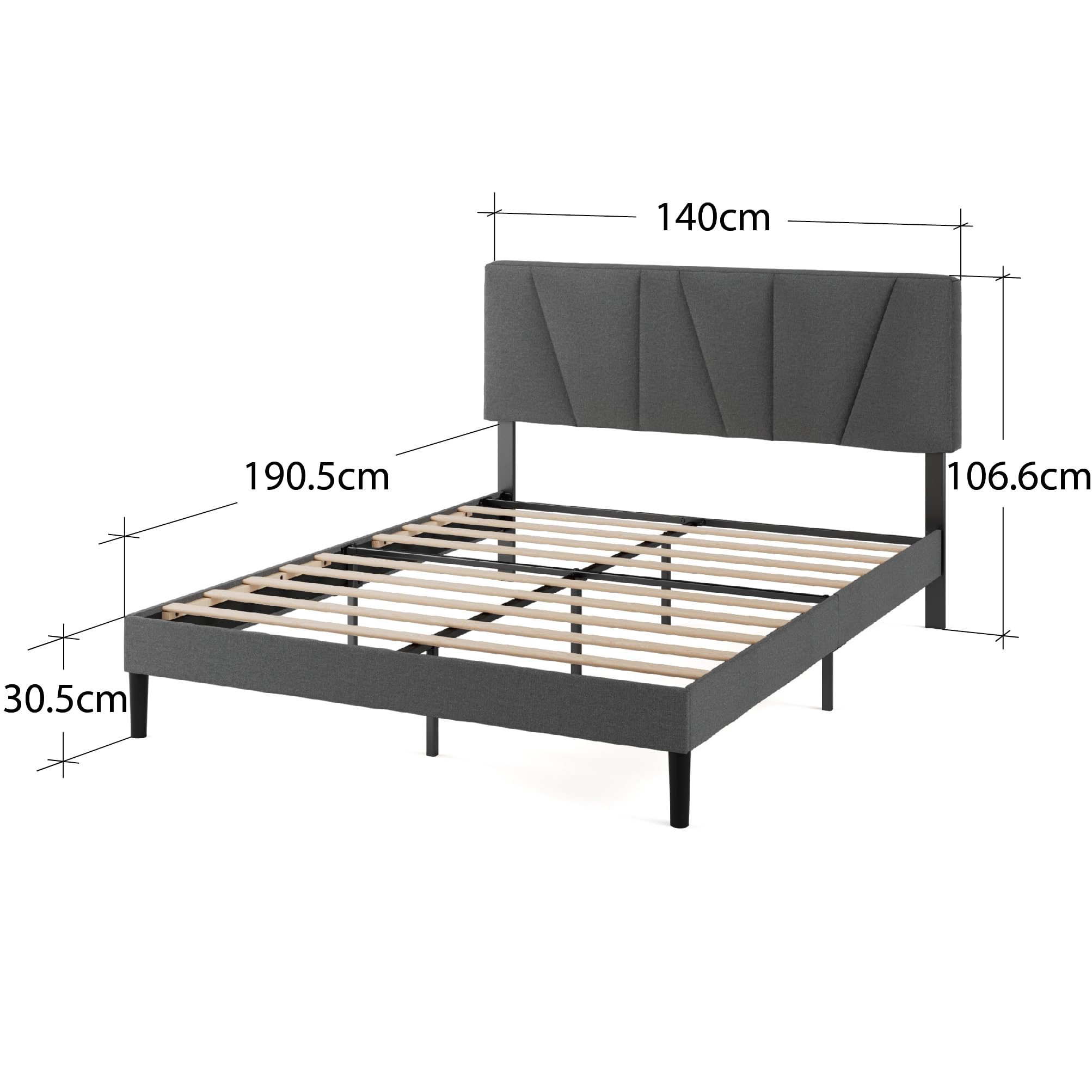 Zinus Maya Sommier 140x190 cm avec Lattes en Bois - Hauteur 30 cm - Cadre & Tête de Lit 2 Personnes Tapissier - Montage Facile - Gris Foncé