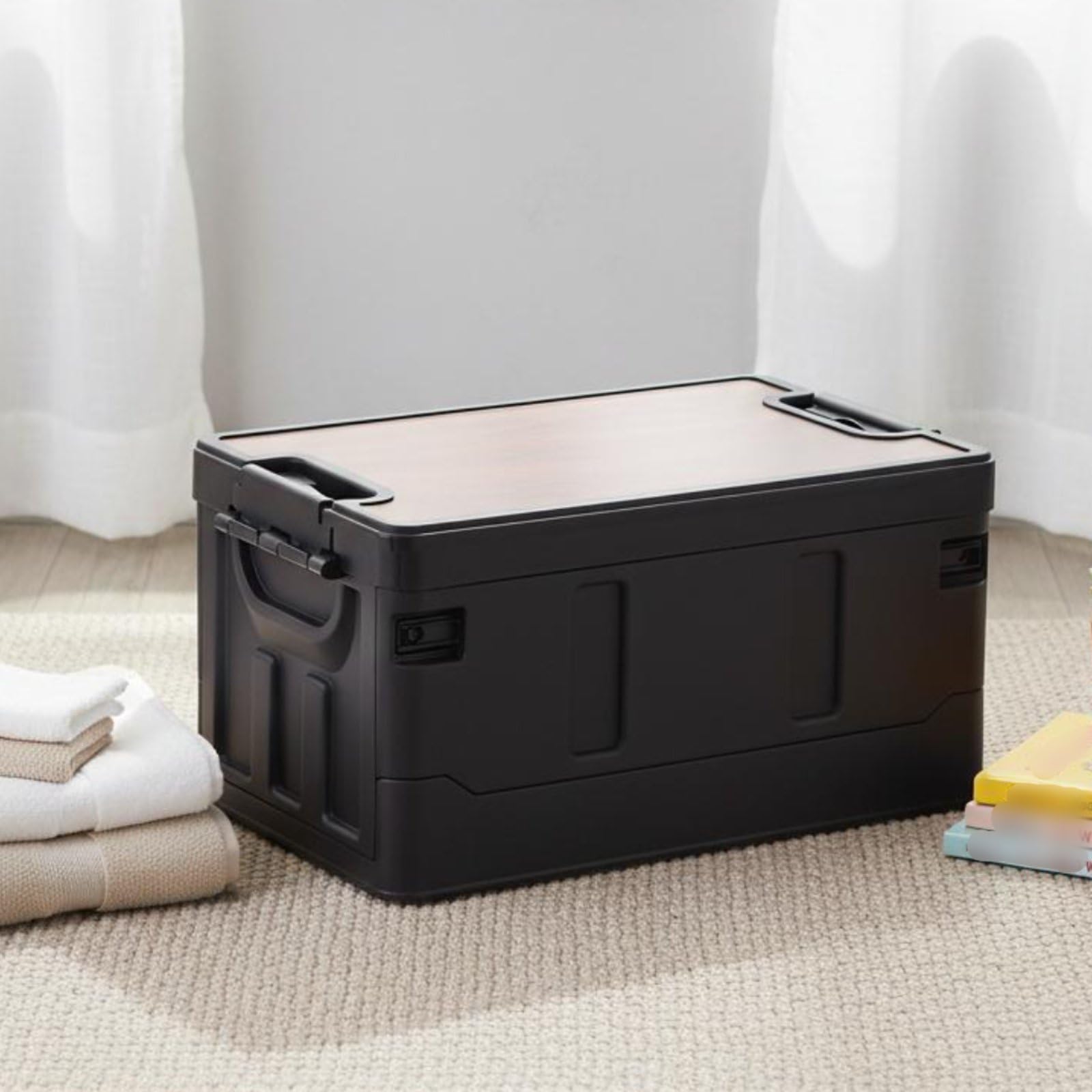 Kofferraum Organizer Transportkiste Faltkiste Klappbox Aufbewahrungskiste aus Polypropylen Bis 50kg mit Griffen für Outdoor Balkon, Schwarz, 35L