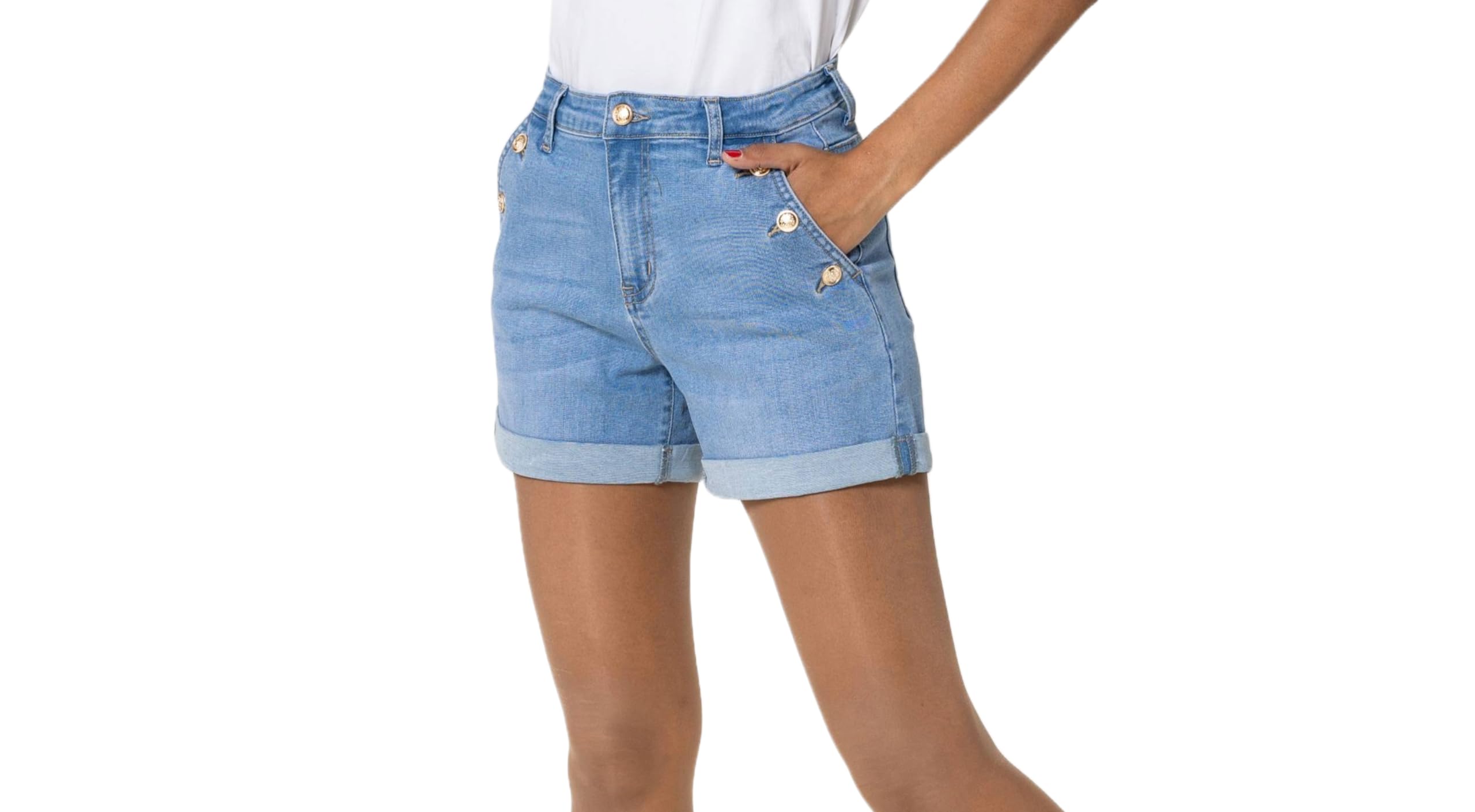 Nina Carter Pantaloncini da donna a vita alta, in jeans, look usato, eleganti pantaloncini estivi in denim