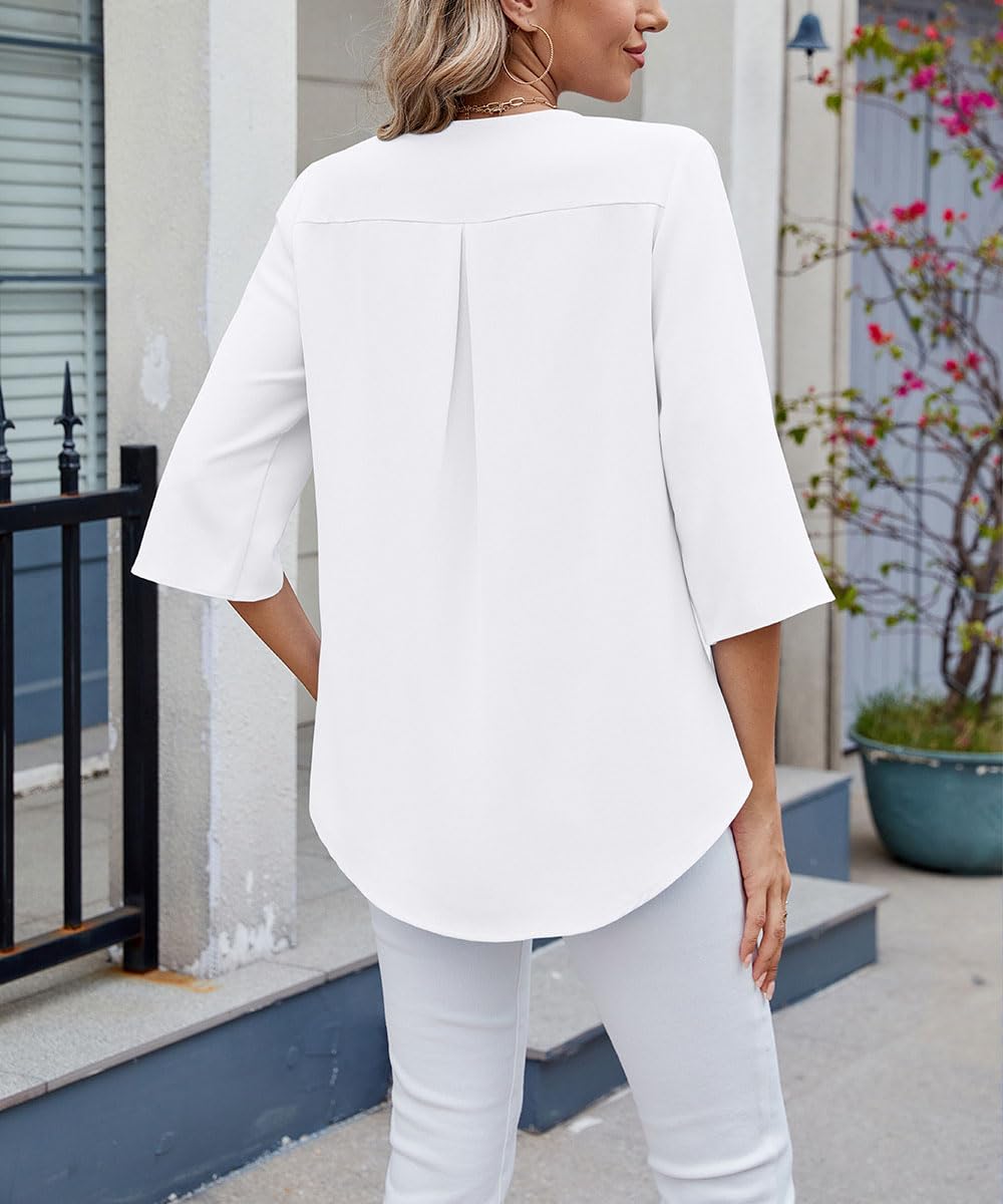 ABINGOO Mujer Gasa Blusas Manga 3/4 Cuello en V Volantes Shirt Elegante Verano Color Sólido Túnica Casual Camiseta