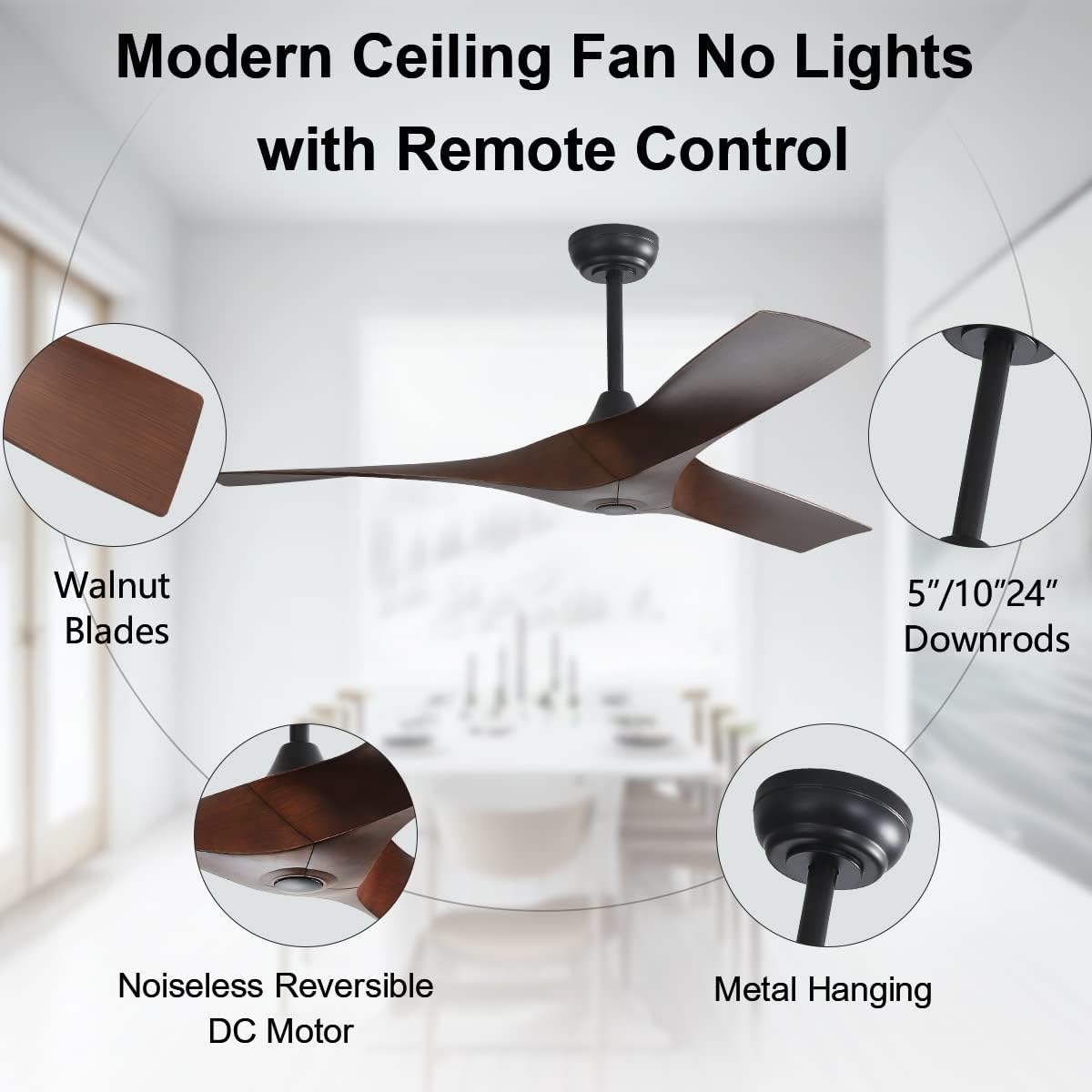 52 Inch Ceiling Fan No Lights with Remote Control, Low Profile Indoor Ceiling Fan without Light, 6-Speed Reversible DC Motor for Outdoor Patio Bedroom Living Room Farmhouse, Noiseless