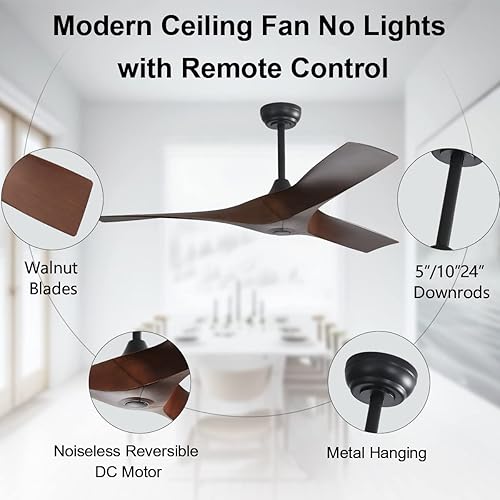 Miniatura 8 de Ventilador de techo de 52 pulgadas sin luces con control remoto, ventilador de techo interior de perfil bajo sin luz, motor CC reversible de 6