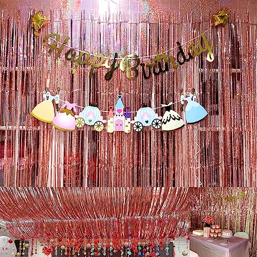Image of 4 Pack Rose Gold Fringe Backdrop 12.8x8.2 Feet Sparkle Metallic Tinsel Foil Fringe Curtain, Rose Gold Backdrop Curtain Door Streamers for Birthday Bachelorette Graduation Christmas Party Decorations