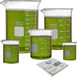 Corning PYREX #1000 Griffin Low Form, Glass Beaker Set with Magnetic Stir Bar Set - 5 Sizes - 50, 100, 250, 600, and 1000ml