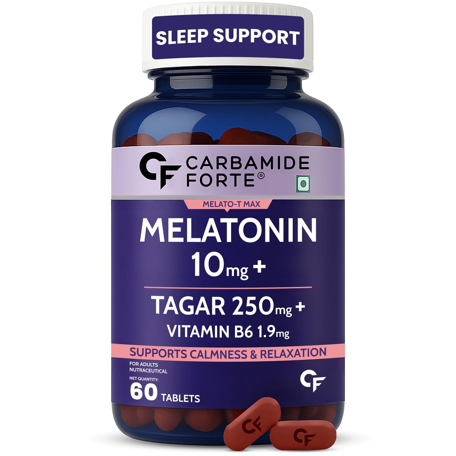 Carbamide Forte Melatonin 10 mg Sleeping Pills with Tagar 250 mg | Sleep Supplement for Men & Women | Melatonin Tablet for Restful Deep Sleeps - 60 Veg Tablets.