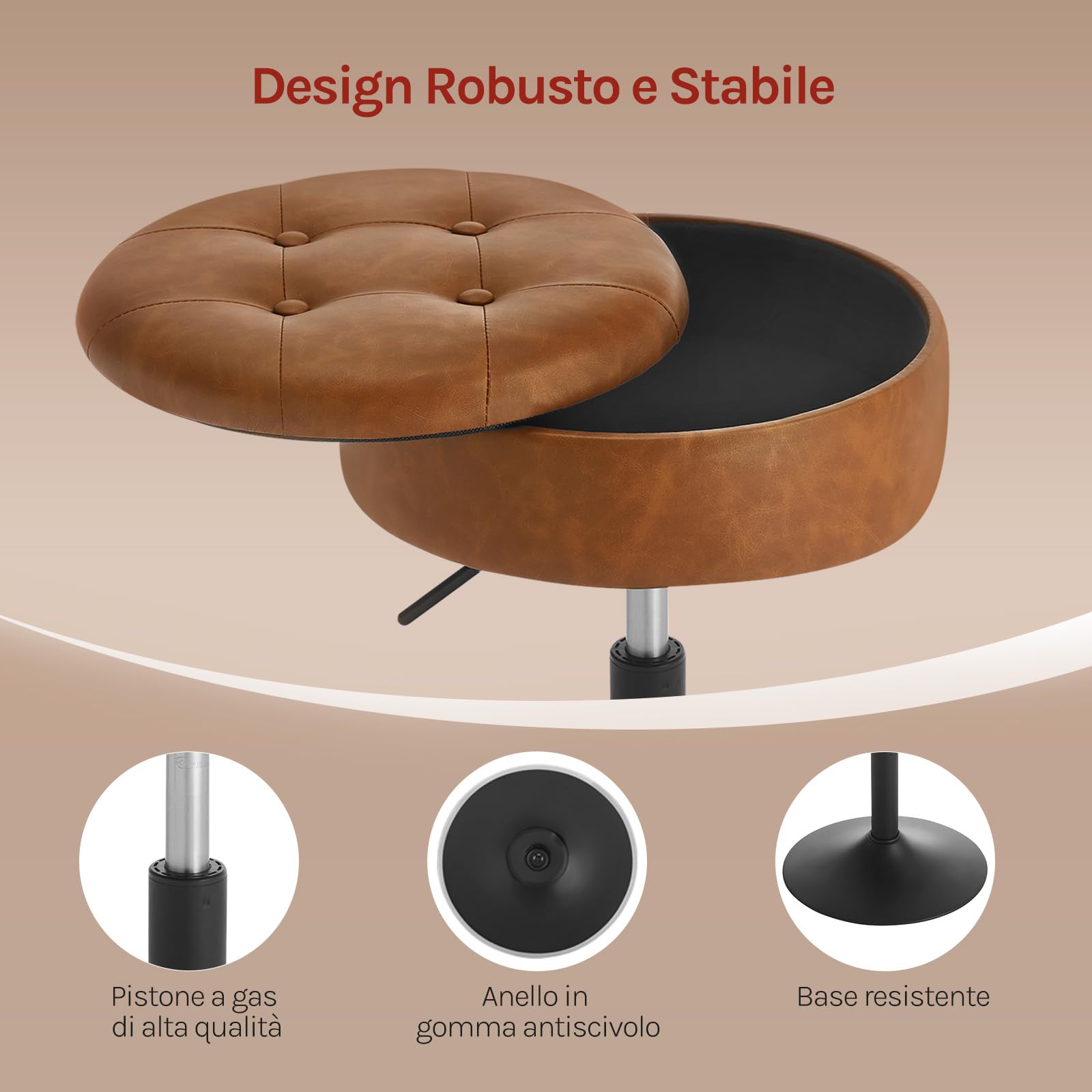 WOLTU Sgabello da Trucco, Sedia con Contenitore, in Velluto, Marrone | Sgabello Altezza Regolabile, 50-66.5cm, Sedia da Bar Rotondo, per Cucina Soggiorno, Toeletta Trucco, Postazione, in Metallo