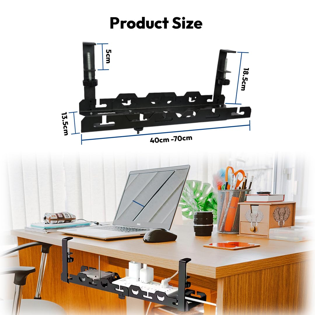 Katana Plateau de gestion des câbles extensible et réglable sous le bureau | Taille extensible de 40 cm à 70 cm | Pas de perçage, durable, propre, solution de gestion des câbles flexible avec pinces.