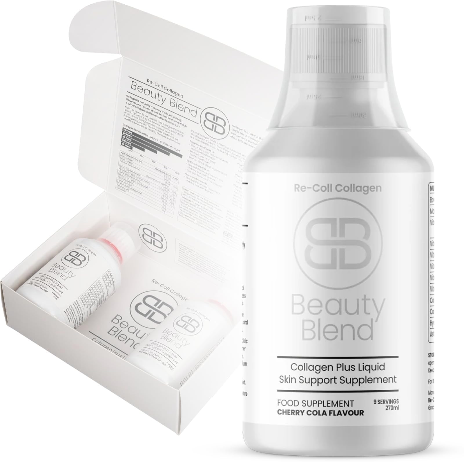 Bovine and Marine Collagen Liquid - 10000mg High Strength Marine Collagen Nutritional Supplements with Hyaluronic Acid - 270ml Bottle - Pack of 3 - Cherry Cola Flavour