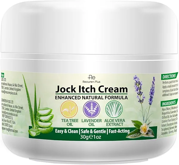 Recuren Plus Jock Itch Cream: Natural Antifungal Cream Extra Strength Treatment for Men and Women – For Athletes Foot Jock Itch Ringworm – With Tea Tree Oil, Aloe Vera, Lavender, and Chamomile