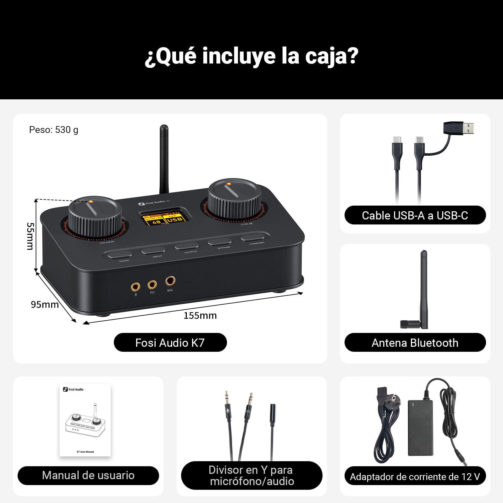 Fosi Audio K7 DAC Amplificador de Auriculares, Convertidor de Audio Digital a Analógico USB C de Escritorio para Espacio de Trabajo y Juegos PC PS5, OPT/COA/Bluetooth aptX HD LL/Entrada (Negro)