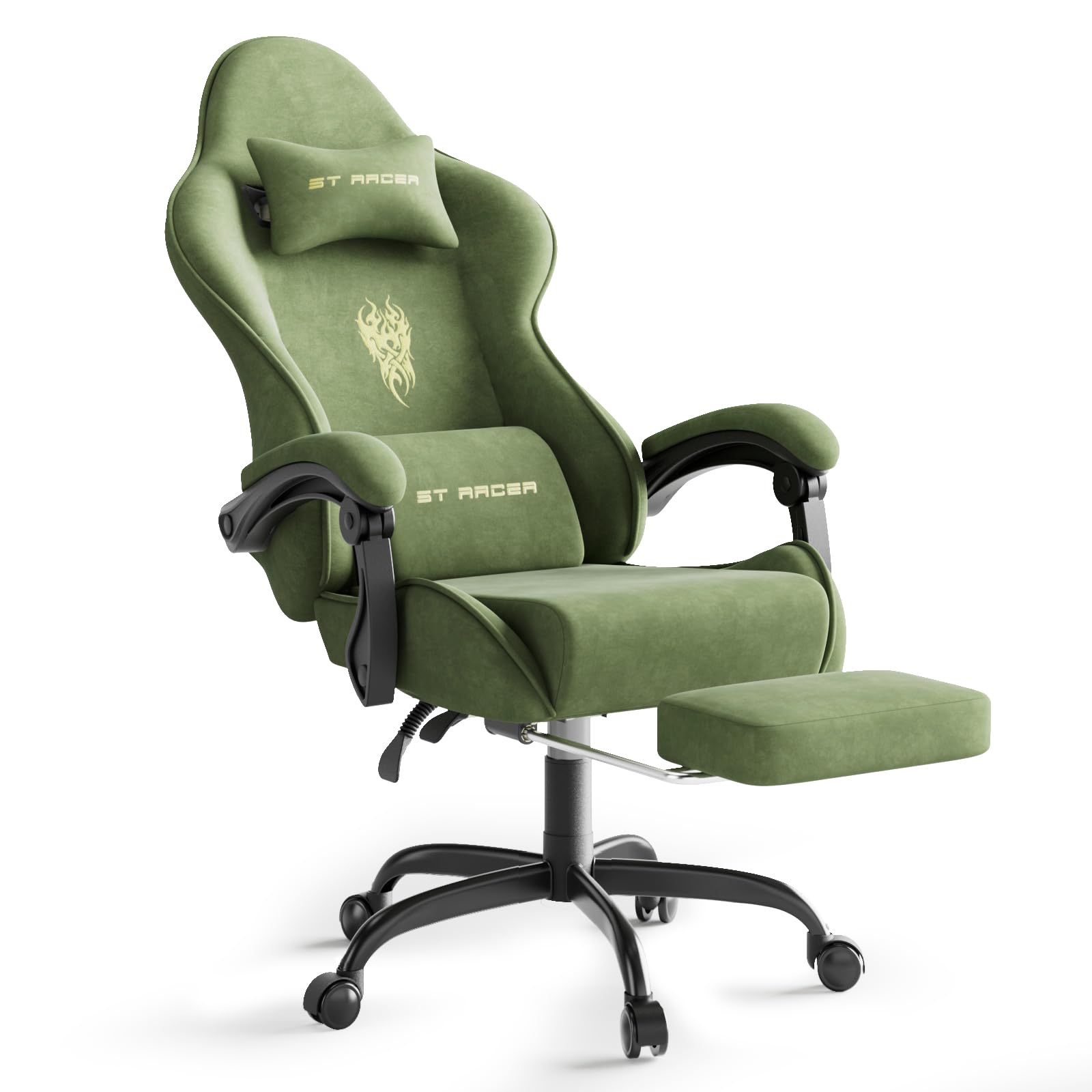 Gaming Stuhl, Atmungsaktiver und Ergonomischer Bürostuhl aus Hochwertigem Stoff, So Weich Wie Pelz, Computerstuhl mit verstellbare Kopfstütze und Lendenkissen,Fußstütze(Grün)