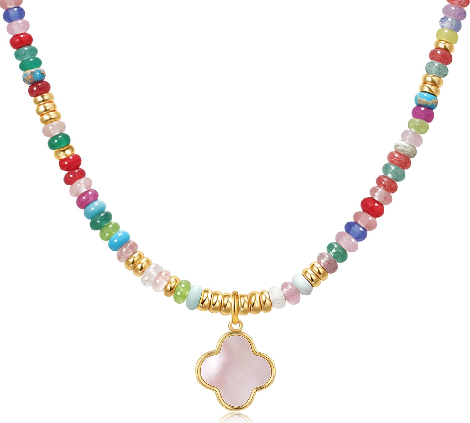 YOUFENG Clover Necklaces for Women Colorful Beaded Gemstone Choker 14K Gold Plated Cross Butterfly Necklace Natural Stone Handmade Jewelry Gift