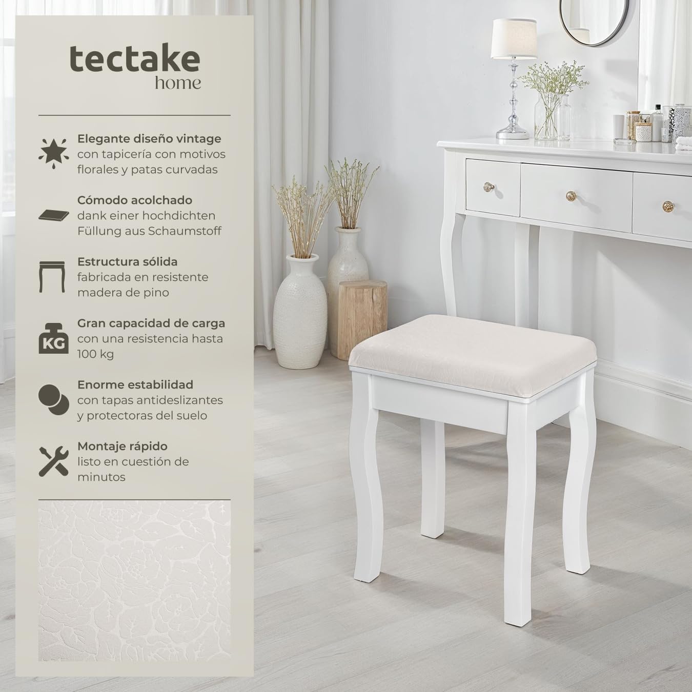 tectake® Taburete Tocador Maquillaje, Banqueta Dormitorio con Asiento Acolchado, Silla Tocador Maquillaje con Patas de Madera, Ideal para Piano y Vestidor Moderno - Blanco