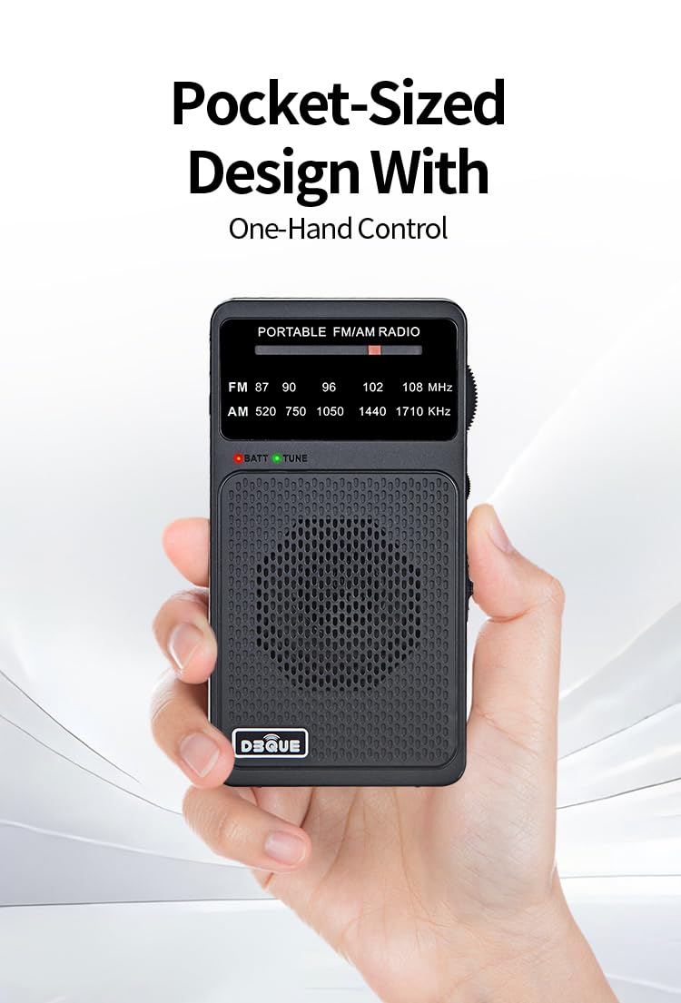 Radio portátil AM FM, radio a pilas con luz de sintonización, clip trasero, excelente recepción, radios AM FM portátiles, radios transistores (negro)