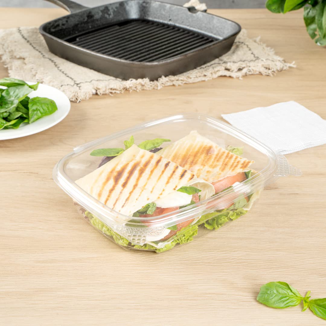 Thermo Tek - Contenedores de comida delicatessen de 24 onzas, 100 recipientes con tapa con bisagras antivaho, congelables, rectangulares, de plástico transparente, desechables Restaurantware