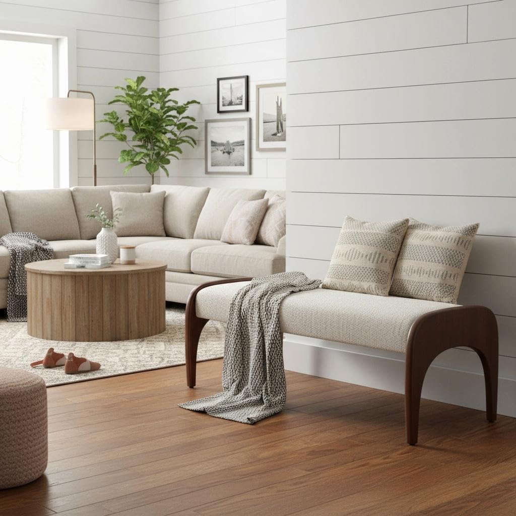 LukeAlon 51-Inch Upholstered Bench, Beige Fur Fabric | Extra Long, Solid Walnut Rubber Wood Legs, Minimalist Bed End Bench, For Bedroom, Living Room, Dining Table, Entryway Hallway