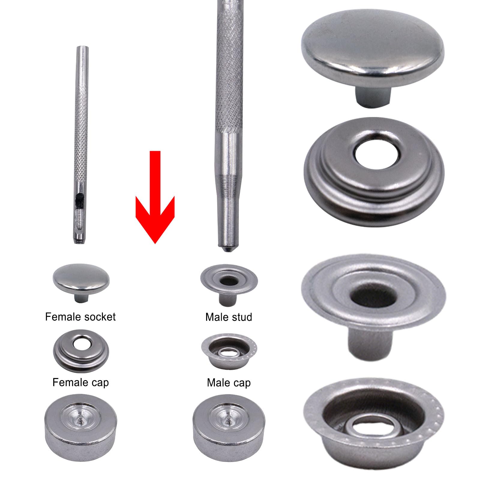 sourcing map Set di 12 bottoni a pressione da 10 mm, in metallo, per vestiti fai da te, argento/nero