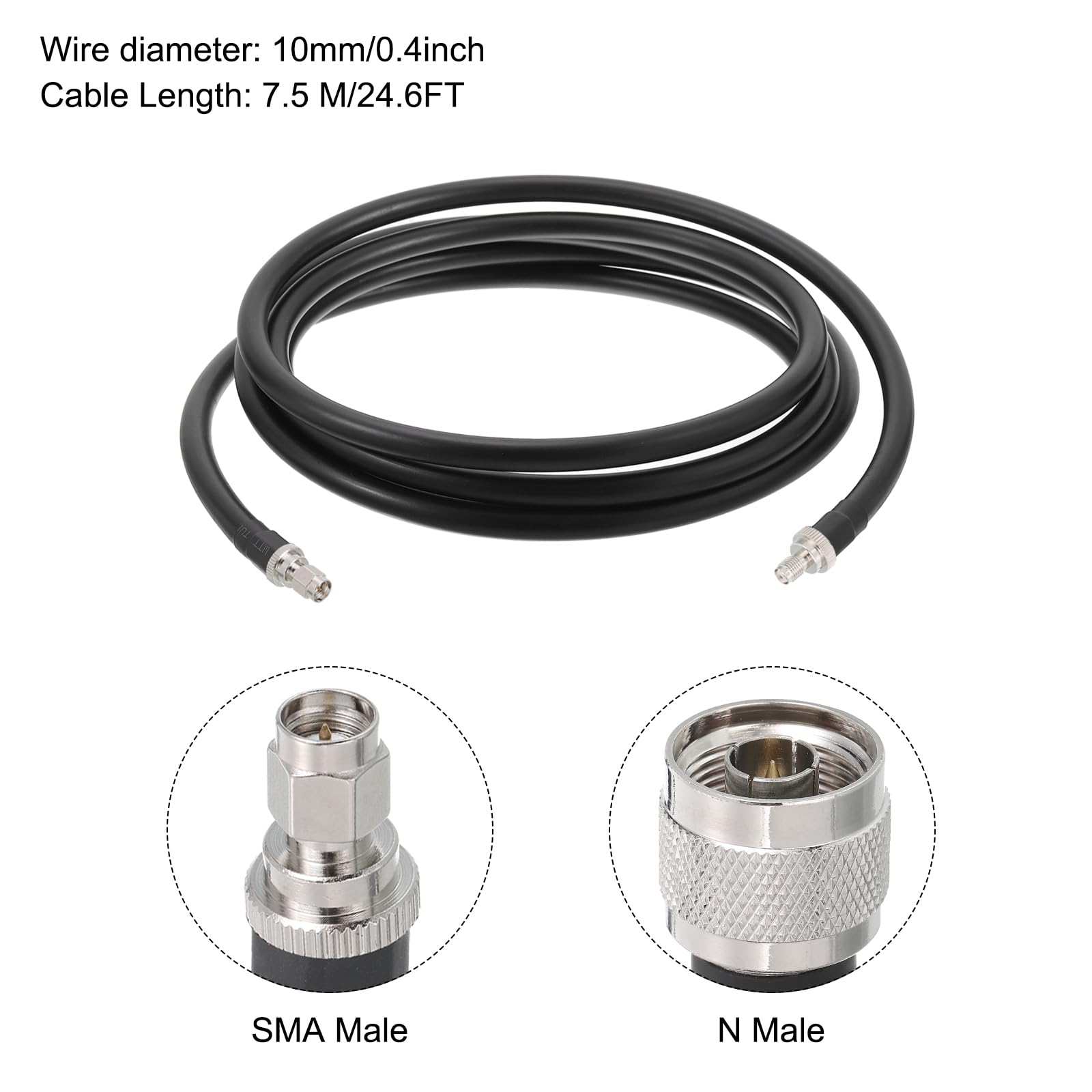sourcing map Koaxialkabel 400 Typ N Stecker an SMA Männlich Verlustarm Koaxialkabel 24.6FT Schwarz 1Stk